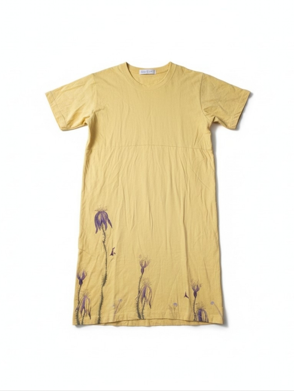 Vintage 90s Blue Fish 2 Yellow Dress Lagenlook Cotton Handpainted Art Wear